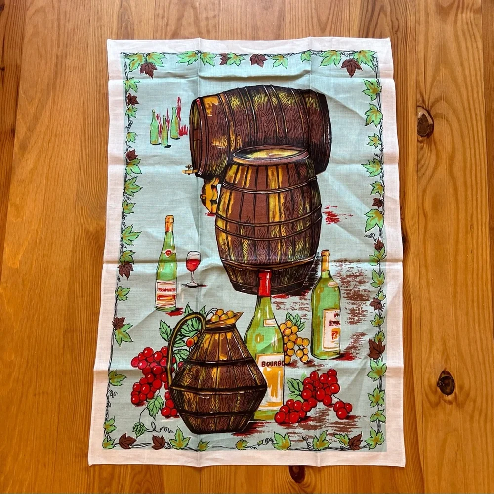 Vintage Tea Towel Novelty French Country Wine Cotton Linen Kitchen Vineyard